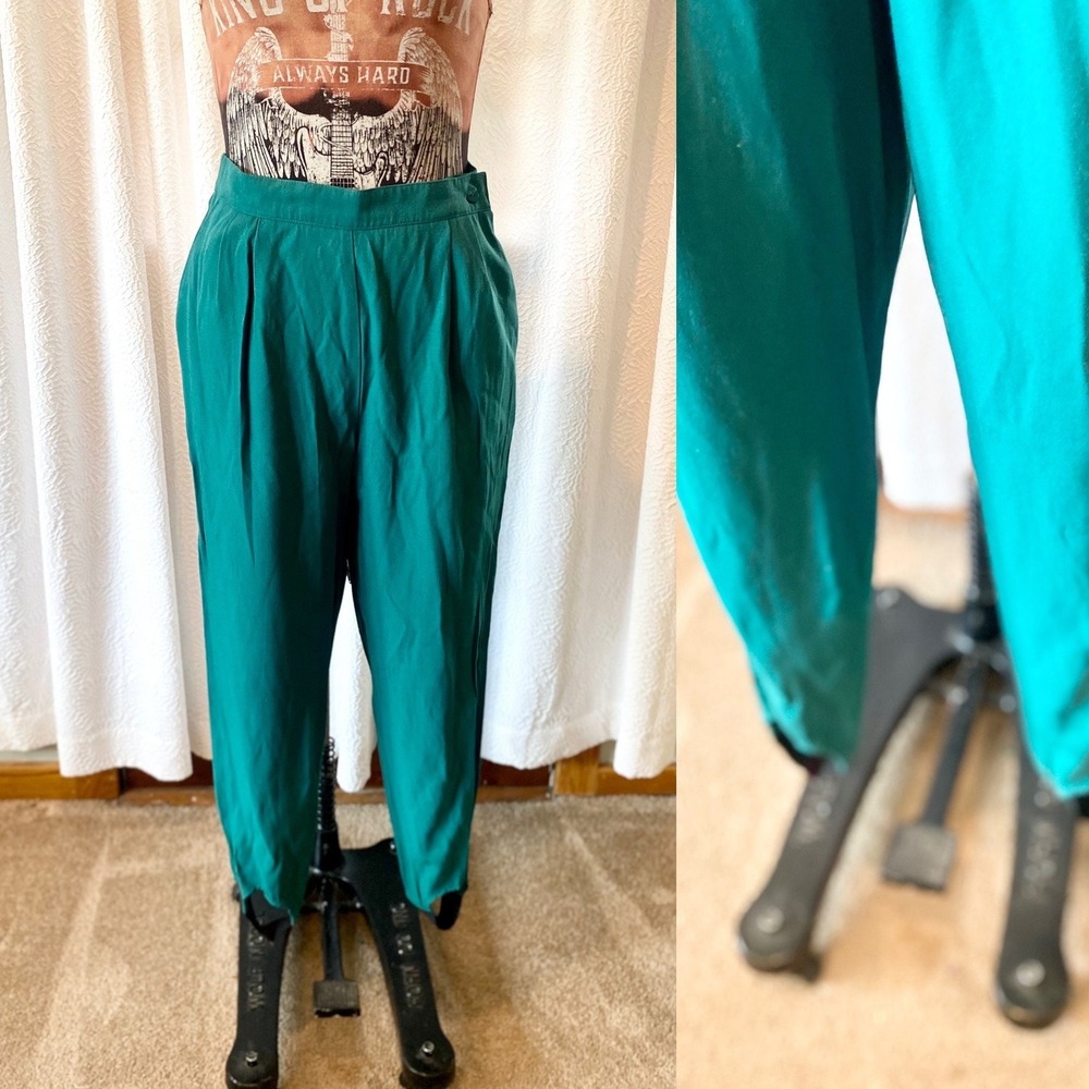 Vintage Emerald Green‎ Stretchy Pleated Stirrup Pants, Size 14